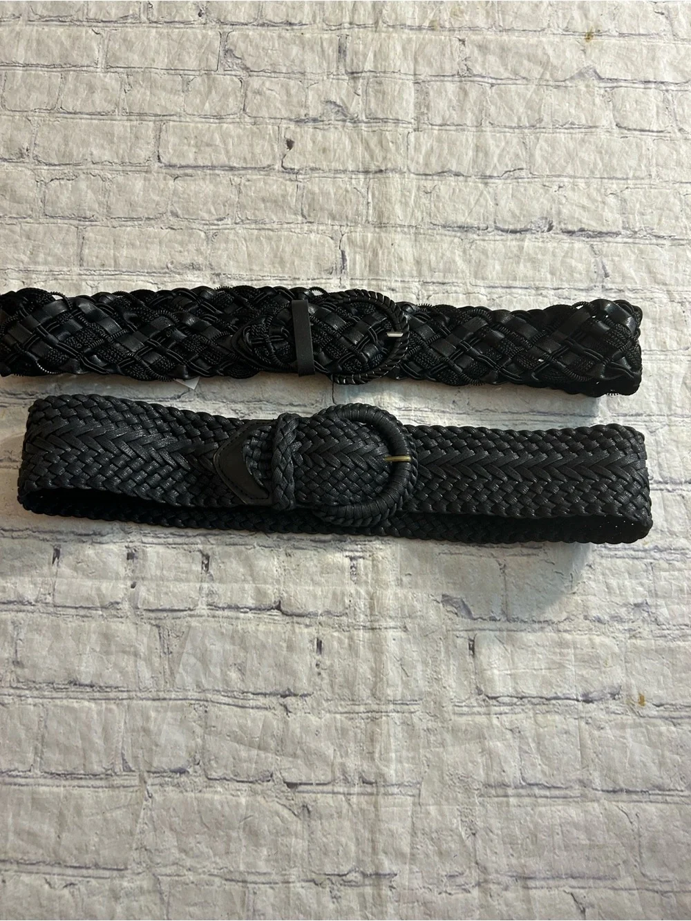 LOT OF (2) BLACK BRAIDED WOVEN WIDE BELTS 100% COTTON & POLYESTER BLEND M/L